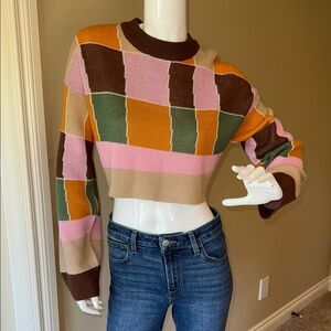 Noisy may Color-Block Crew Neck Sweater Pink and Orange